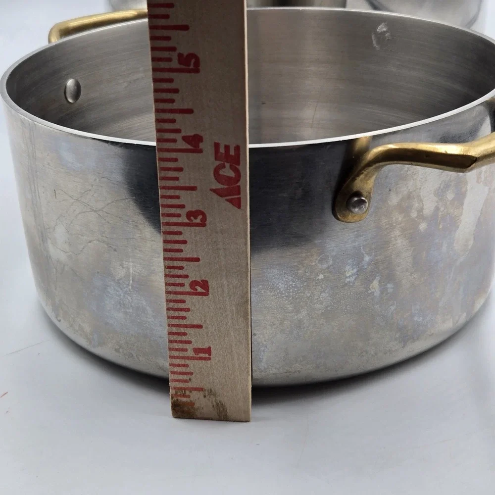Set of 2 Vtg Atlas Metal Spinning Stainless Steel Stock Pots Brass Handle No Lid